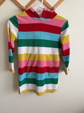 Mini Boden rainbow-striped terry hooded swim cover-up